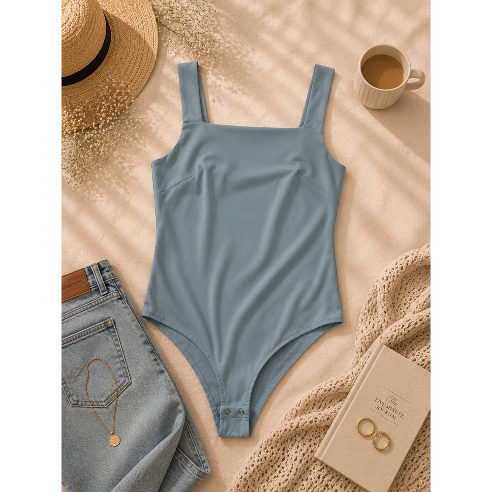 Reoria Women Large Dusty Blue Square‎ Neck Sleeveless Thong Bodysuit Tank Top